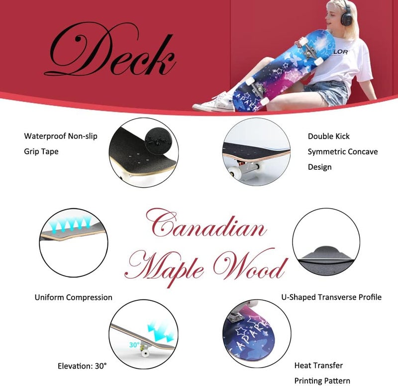 CAPARK Skateboards for Beginners Adults Youths Teens Kids Girls Boys 31 Inch Pro Complete Skate Boards 7 Layer Canadian Maple Double Kick Concave Longboards - Image 3